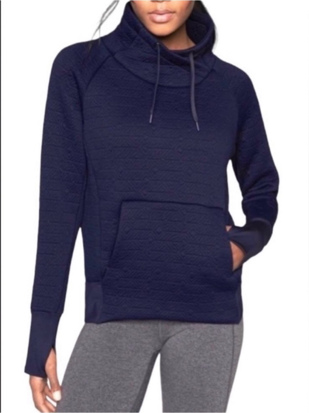 Athleta Navy Quilted Jacquard Funnel Neck Pullover Thumbholes Size S